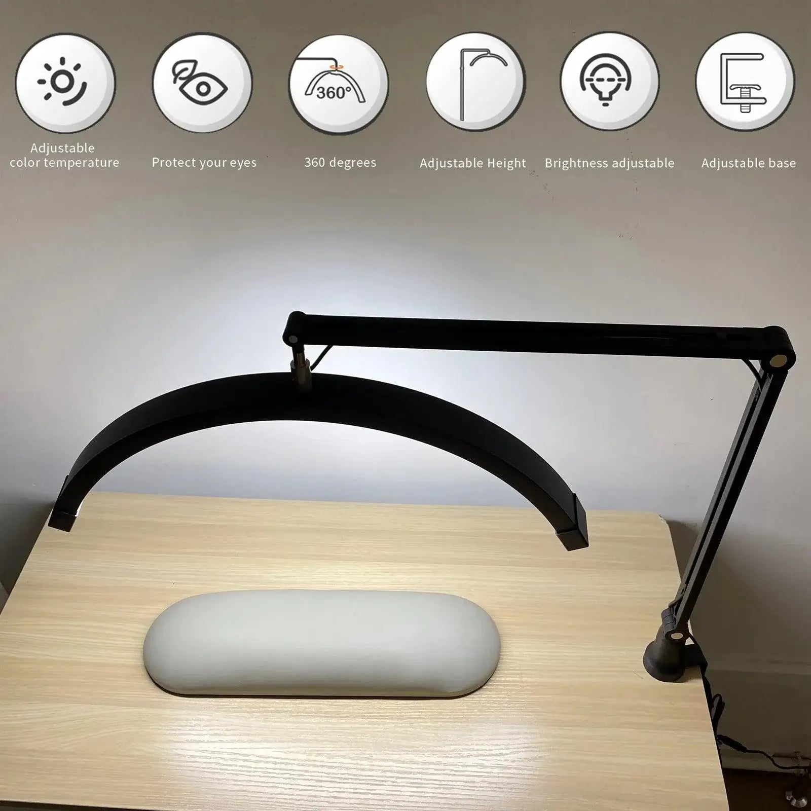 Arch Nail Table Lamp showcasing adjustable features on a desk, ideal for manicure and lash extension services.