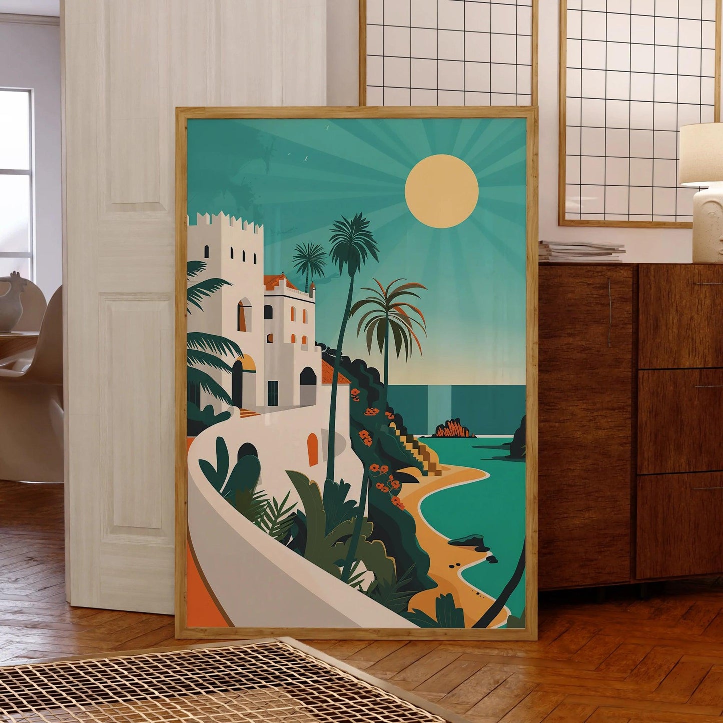 Modern Midjourney Serene Tropical Scene White Building Wall Painting Poster HomeRoots Supply