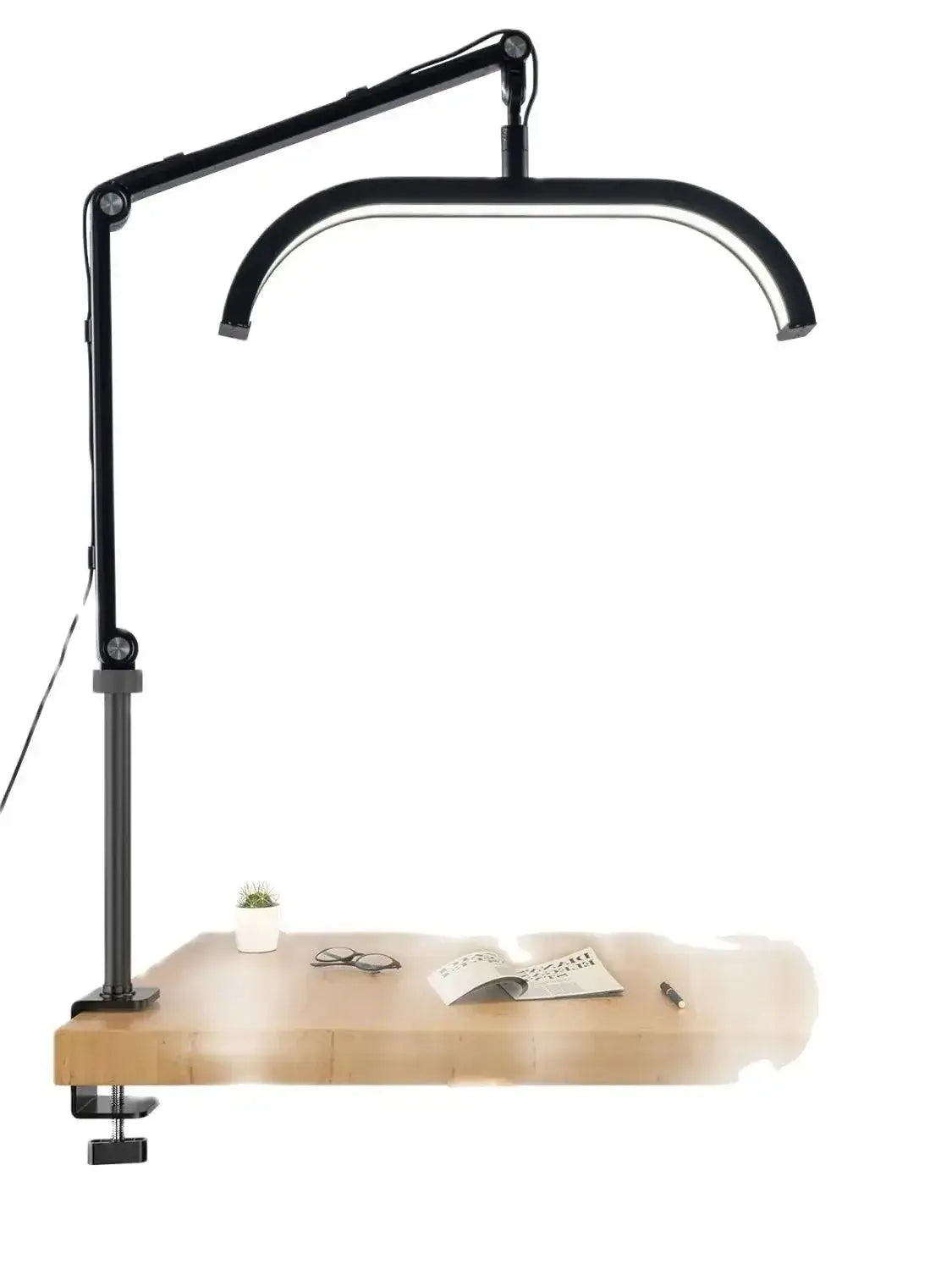 Arch Nail Table Lamp mounted on a desk for manicure and beauty treatments, featuring adjustable LED lighting.